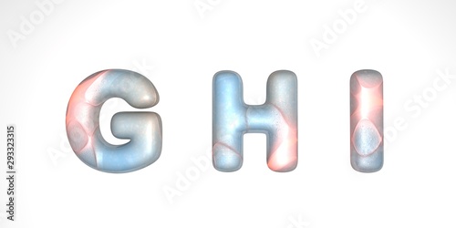Letter lunar texture with warm waves of light, capital letter or capital letter ghi in 3D illustration with or gray surface of the moon texture isolated on white background.