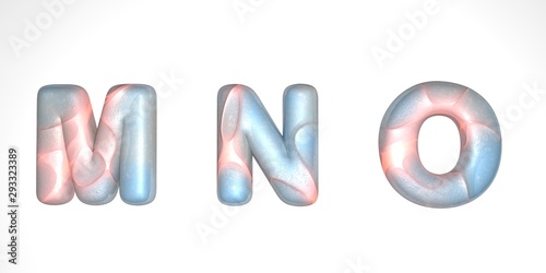 Letter lunar texture with warm waves of light, capital letter or capital letter mno in 3D illustration with or gray surface of the moon texture isolated on white background.
