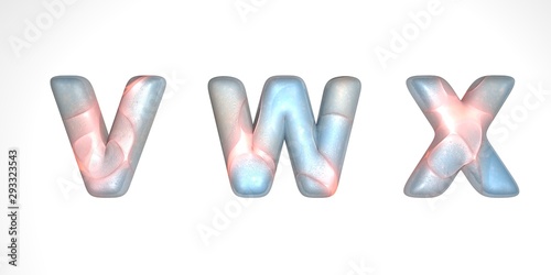 Letter lunar texture with warm waves of light, capital letter or capital letter vwx in 3D illustration with or gray surface of the moon texture isolated on white background.