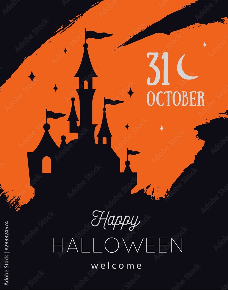 Vector Halloween party invitations or sale poster, banner. Festive autumn background with castle silhouette