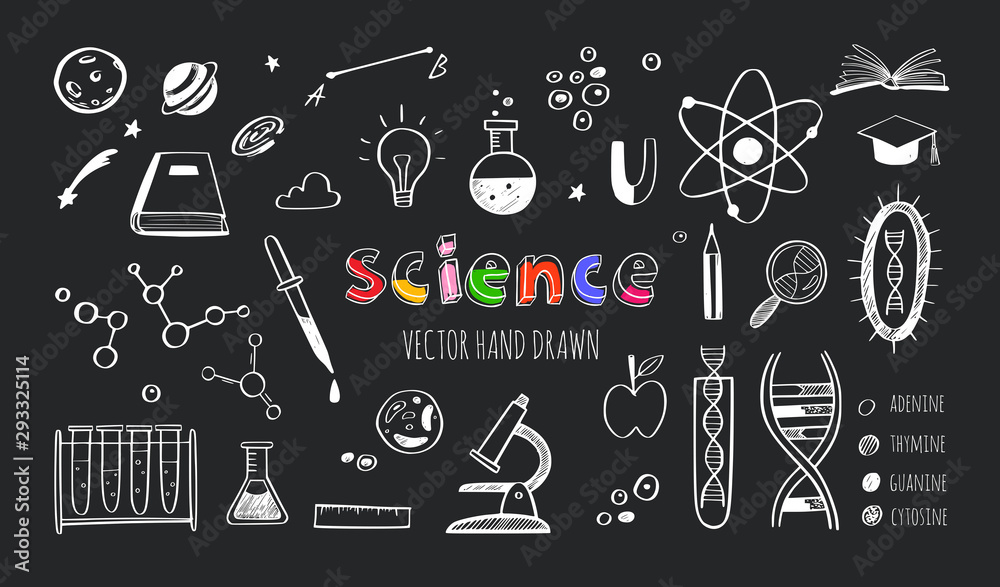 Vector hand drawn Science and Education doodle set. DNA, Biology, Astronomy and other objects. Vector hand drawn Science and Education doodle set. DNA, Biology, Astronomy and other objects.
