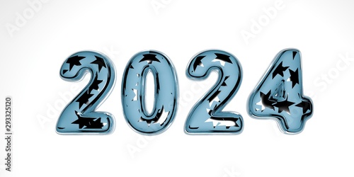 Happy new year 2024. Holiday 3D render of a glass blue texture with silver stars inside 2024. Realistic 3d sign. Holiday poster or banner design.