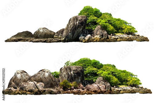 Drzewa na wyspie i skały. Pojedynczo na białym tle