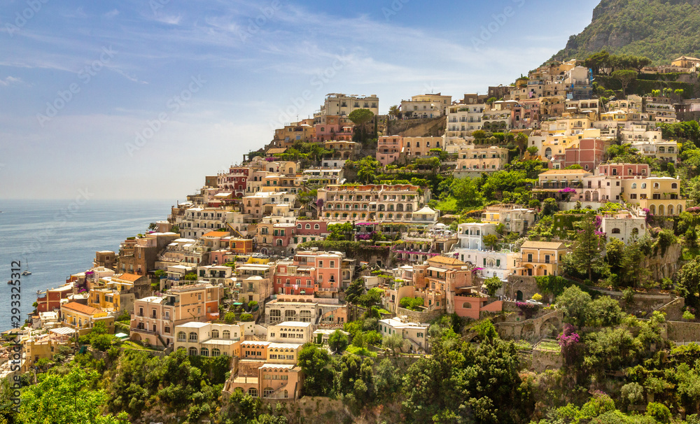 Positano Panoramic View. Beautiful view of Positano at daytime, with its colorful buildings along the hill. Amalfi coast situated in province of Salerno, in the region of Campania, Italy.