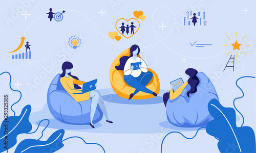 Women Group Sit on Soft Bag Chairs Using Laptops