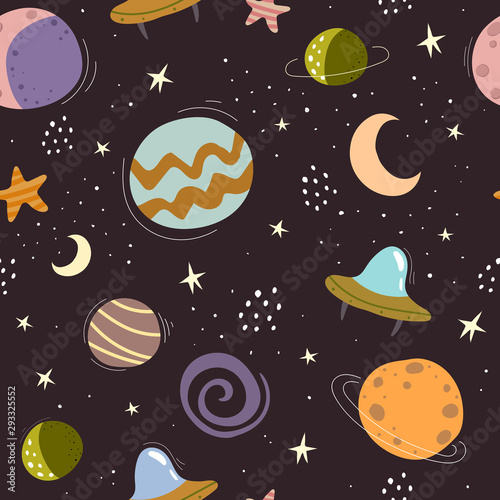 Seamless childish pattern with planets, moon, crescent, stars, ufo, decor elements, dots, lines on a neutral dark background. vector. hand drawing. space. Design for fabric, print, textile, wrapper.