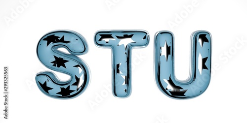 Merry Christmas 3D font made of blue glass with silver stars inside on a white background similar to a winter New Year font, the letters are contained - stu. isolate