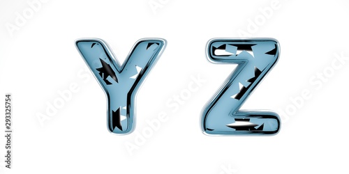 Merry Christmas 3D font made of blue glass with silver stars inside on a white background similar to a winter New Year font, the letters are contained - yz. isolate