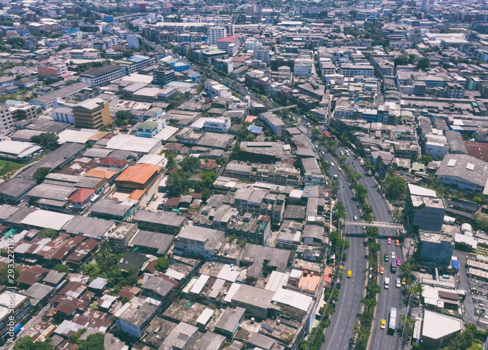 Aerial  view photo from flying drone of a developed a  street urban in Bangkok