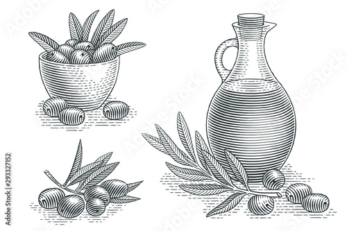 Jug of olive oil decorated with olive branch, plate of olives, olive branch. Hand drawn engraving style illustrations.