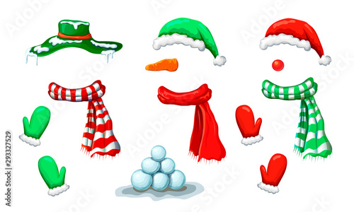 vector snowman face mask collection with accessory isolated on white. xmas holiday funny costume of snowman with various hats, scarves, mittens. Christmas photo booth and props for creative design.