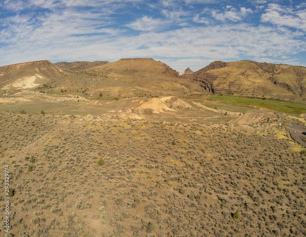 Sensational aerial  picturesque images of the John Day Fossil Beds Overlook and valley of Grant County in Dayville, Oregon