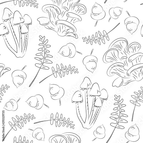 Seamless pattern mushrooms and plants black outline on white background. Autumn, forest.