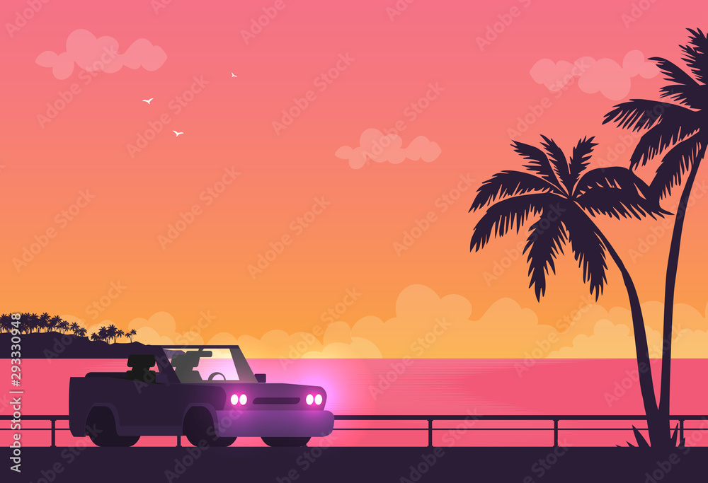 Flat vector banner with summer travel landscape. Background illustration