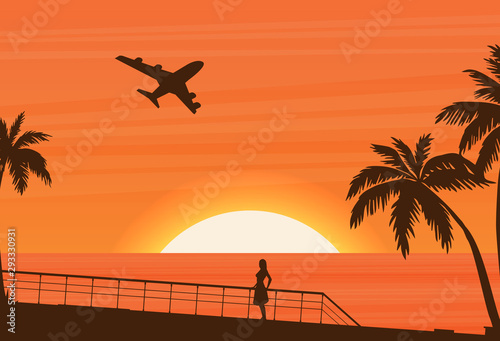 Flat vector banner with summer travel landscape. Background illustration