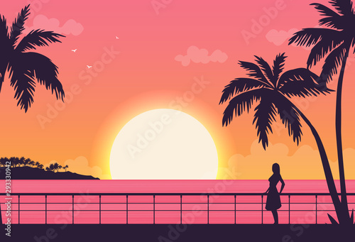 Flat vector banner with summer travel landscape. Background illustration