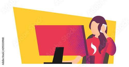 Flat design vector illustration young woman holding modern mobile device and talking on the mobile phone in the office