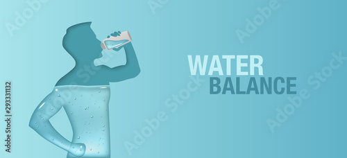 Vector blue banner about hydration of human body. Silhouette of a man drinking water. 
