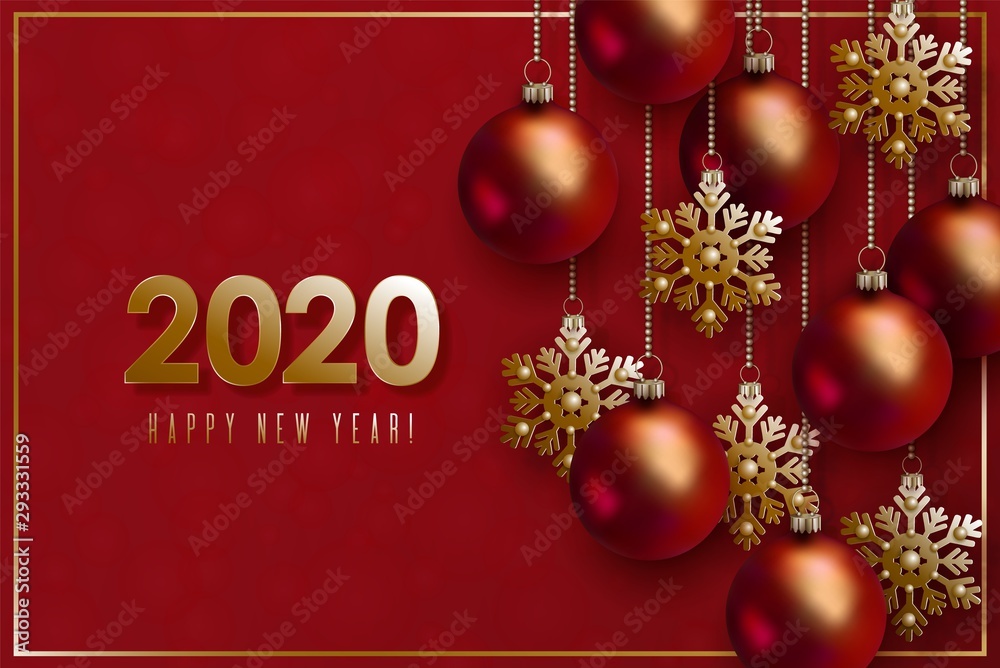 Christmas and 2020 New Year design. 3D red realistic christmas balls and decorative golden snowflakes hang on gold chains on red background. Elegant festive vector banner EPS10 Christmas and 2020 New Year design. 3D red realistic christmas balls and decorative golden snowflakes hang on gold chains on red background. Elegant festive vector banner EPS10