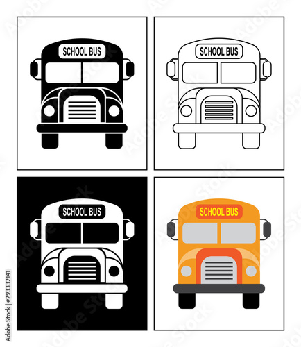 School bus symbol presented as pictogram, black and white, line icons and flat icons. Set of transportation icons.