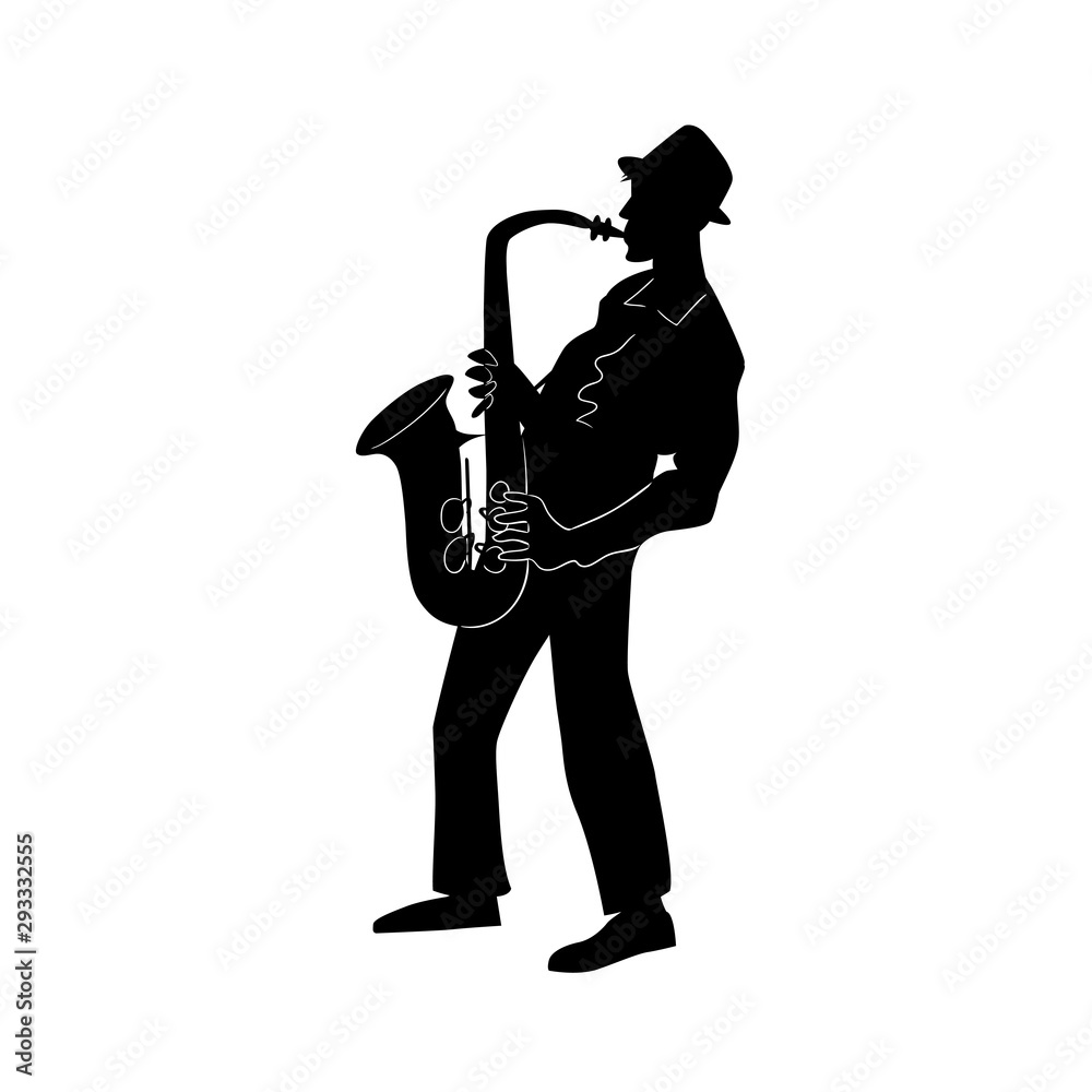 Naklejka premium Saxophonist. Jazz or blues musician, the man plays a saxophone. Black and white isolated silhouette with contour. Vector illustration.