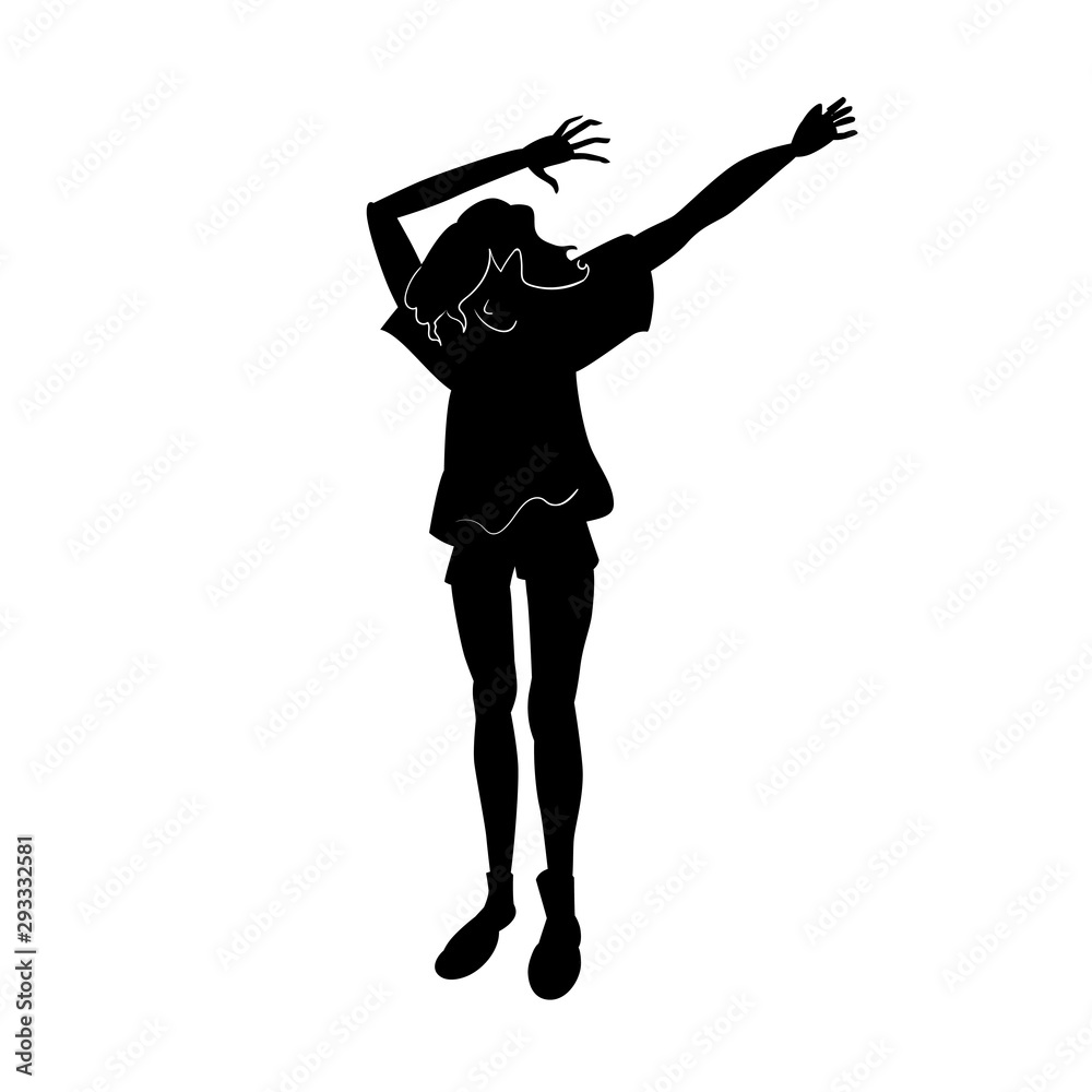 The girl dance. Black and white isolated silhouette with contour. Vector illustration for music festival.