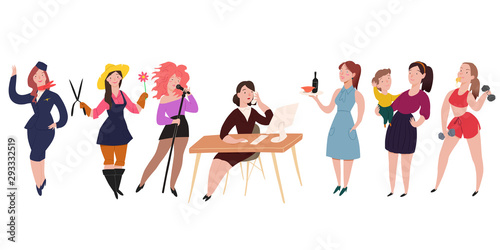 Professionals people 7 female worker characters. Woman illustration set isolated on white background. Vector illustration flat style. For creating stylish designs motion animation websites promo print