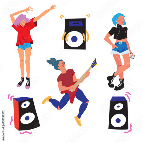 Young people dances isolated object set. The girl dance, guy play the guitar. Flat vector illustration for music festival.