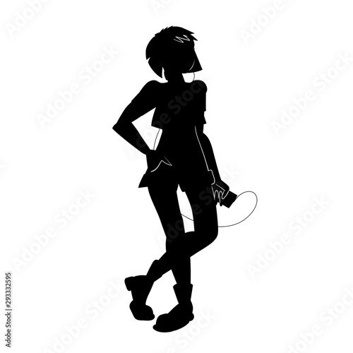 The girl listens to music in player. Black and white isolated silhouette with contour. Vector illustration for music festival.