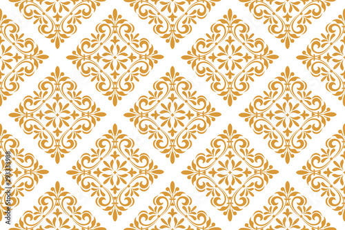 Wallpaper in the style of Baroque. Seamless vector background. White and gold floral ornament. Graphic pattern for fabric, wallpaper, packaging. Ornate Damask flower ornament
