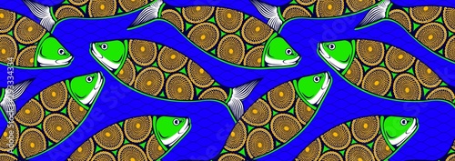 african fashion seamless pattern ornament in vibrant colours., picture fish art and abstract on blue background, vector illustration file EPS10. 