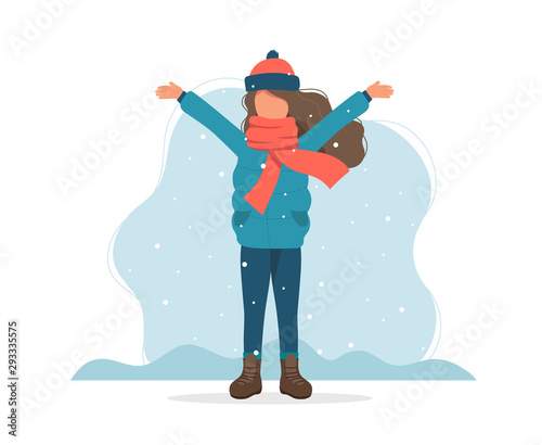 Girl playing with snow in winter. Cute vector illustration in flat style