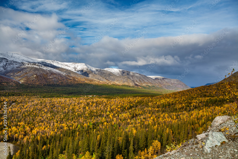 Fototapeta premium View of the autumn forest, mountains and blue sky with white clouds.