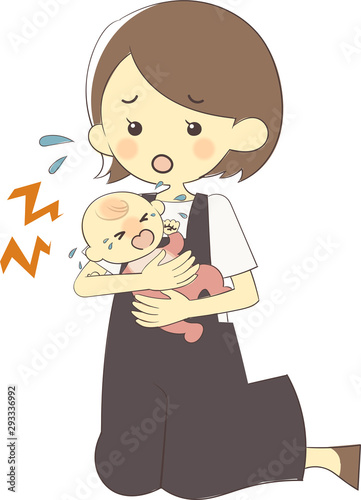 泣く赤ちゃんと困るお母さん
