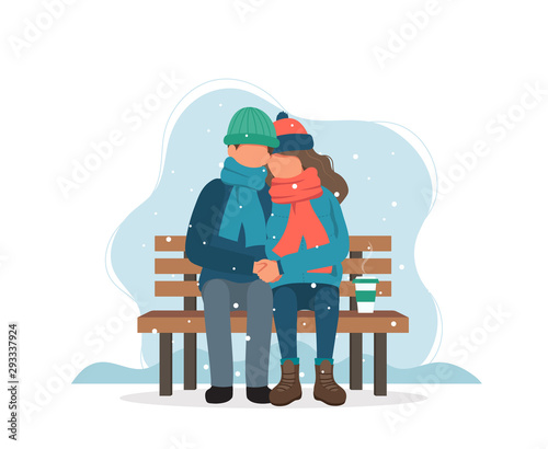 Couple sitting on bench in winter with coffee. Cute vector illustration in flat style