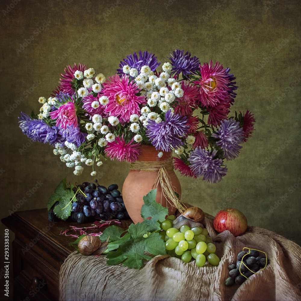 Autumn still life with bouquet of aster flowers