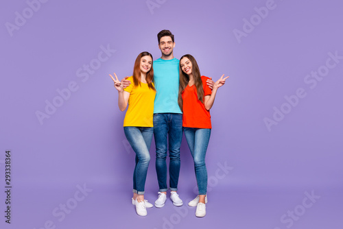 Full length size body photo of charming positive optimistic nice glad excited group of people spending free time in one place isolated violet background