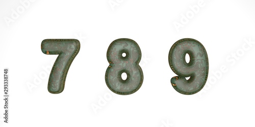 3D font from green hi-tech chips on a white background, technical font, the letters in it are 789. isolate