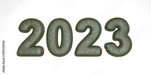 Happy new year 2023. Holiday 3D render technical hi-tech microchips in green color 2023. Realistic 3d sign. Holiday poster or banner design.