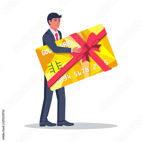 Golden credit vip card in hand businessman. Gift with red bow and ribbon. Template finance voucher. Vector illustration, flat design style. Sign paying. Isolated on white background.