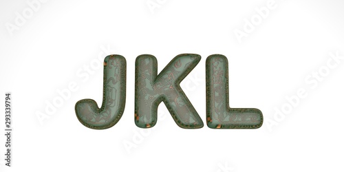 3D font from green hi-tech chips on a white background, technical font, the letters in it are jkl. isolate