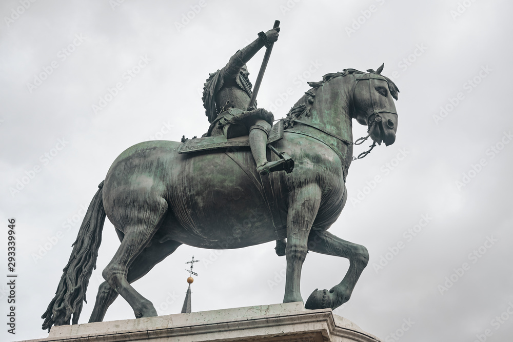 Main square - Plaza Mayor in Madrid Spain. King Philip III Equestrian Statue .