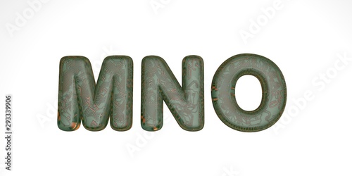 3D font from green hi-tech chips on a white background, technical font, the letters in it are mno. isolate