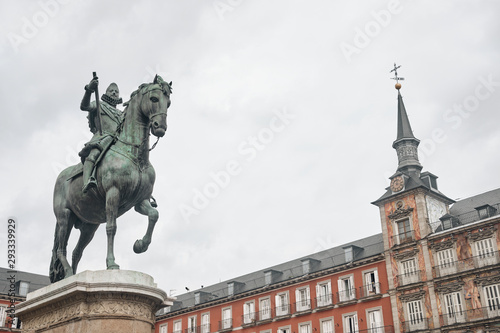 Main square - Plaza Mayor in Madrid Spain. King Philip III Equestrian Statue.