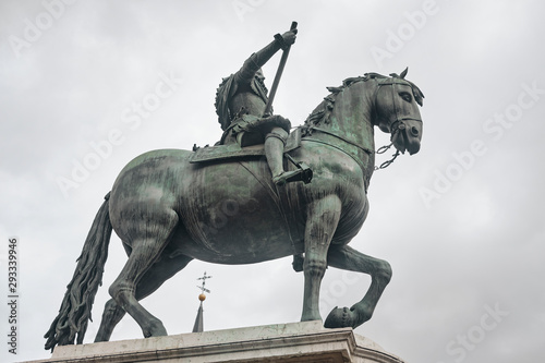 Main square - Plaza Mayor in Madrid Spain. King Philip III Equestrian Statue . © Alessandro