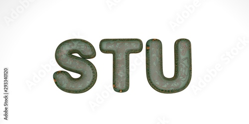 3D font from green hi-tech chips on a white background, technical font, the letters in it are stu. isolate