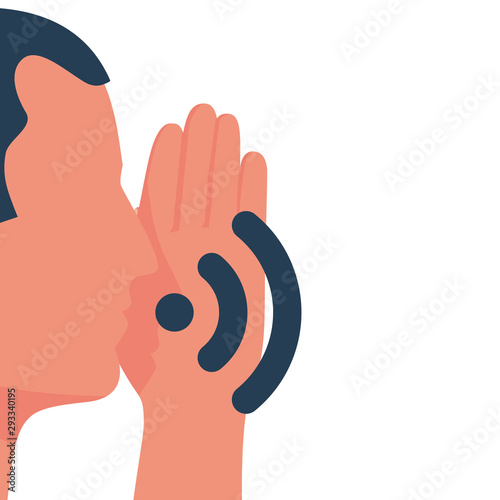 Man whispers. Side view of a man speaking secrets. Telling secret. Space for your advertising text. Vector illustration flat design. Isolated on white background.