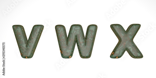 3D font from green hi-tech chips on a white background, technical font, the letters in it are vwx. isolate