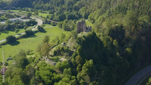 Aerial view of the castle Schenkenburg close to Schenkenzell in Germany in the black forest on a sunny day in summer. Zoom in on the castle. photo