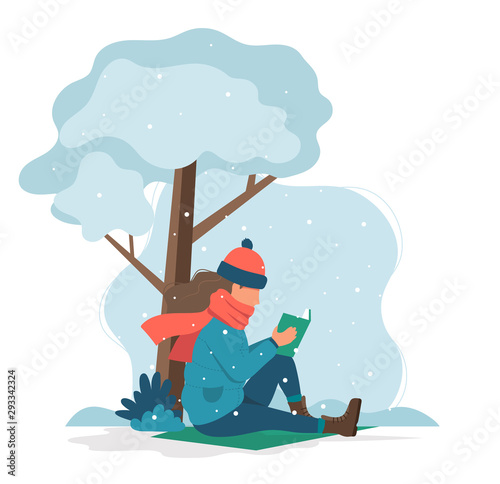 Girl reading a book in winter. Cute vector illustration in flat style